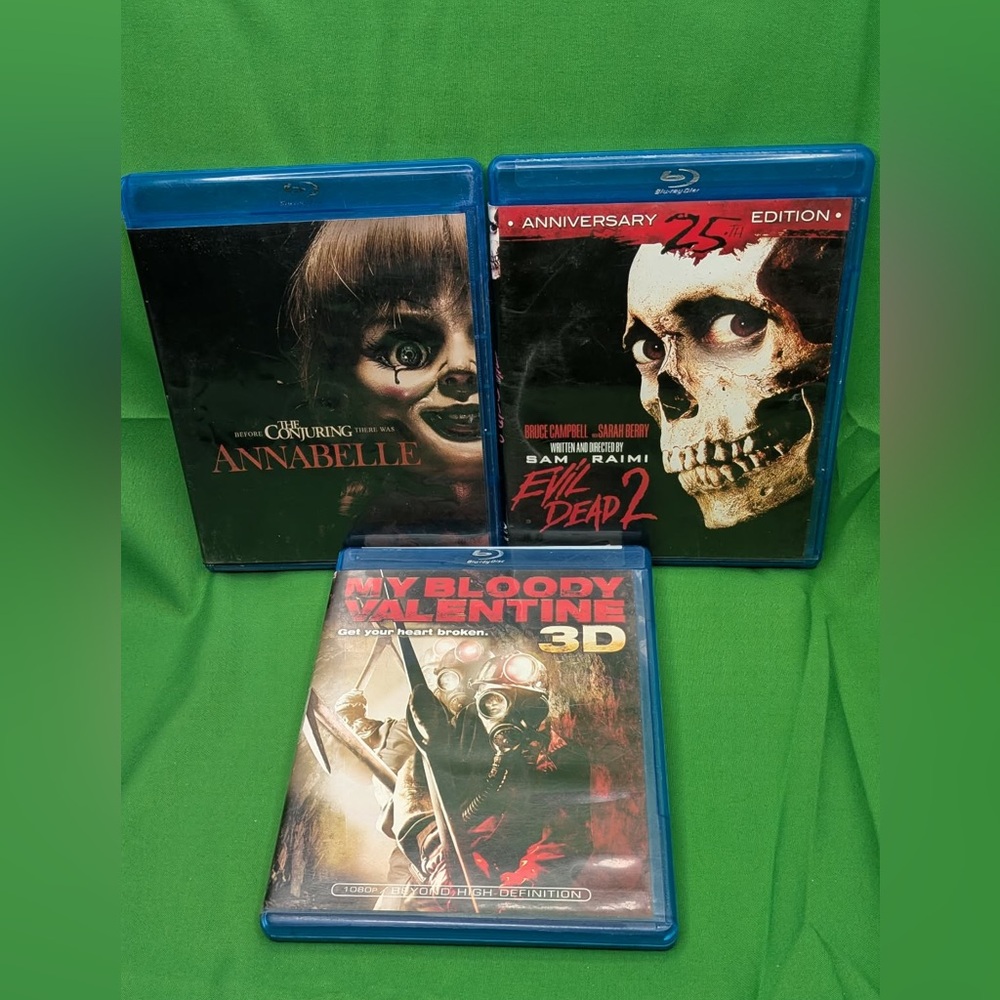 Lot of 3 Blu Ray movies Annabelle, My bloody Valentine 3D and Evil Dead 2. PO